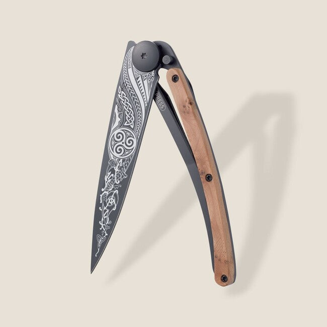 Deejo Tattoo Folding Knife, Black Juniper Wood, Celtic