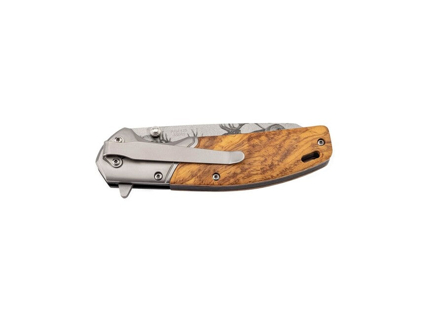 Herbertz Single-Hand Folding Knife 9cm, Olive Wood, Deer Motif Blade