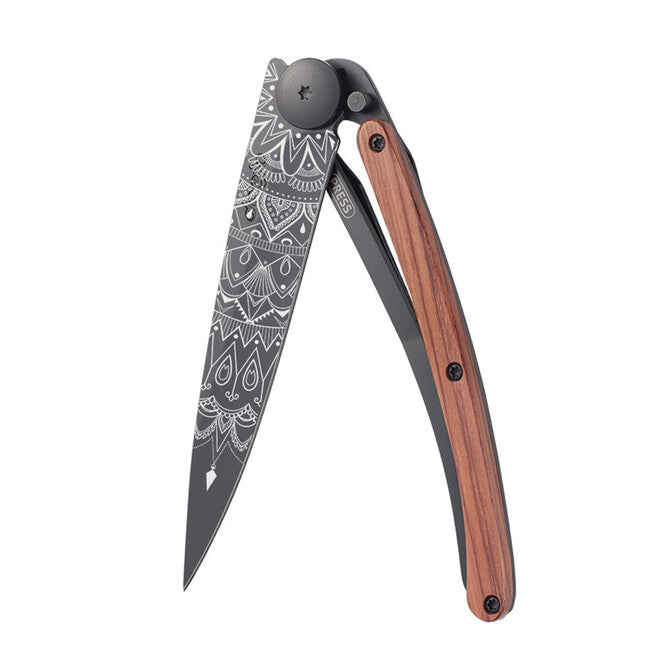 Deejo Tattoo Mandala Folding Knife, Black Coralwood