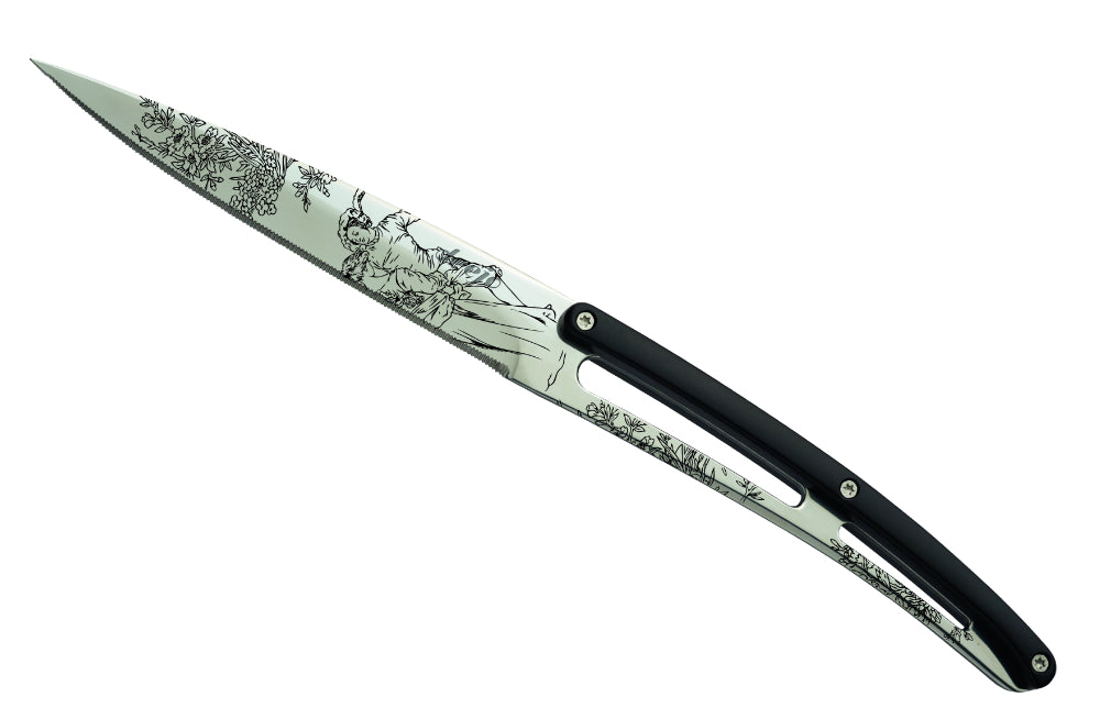 Deejo 6-Piece Steak Knife Set, Glossy Blade Serrated Edge Black ABS Handle Toile de Jouy Design