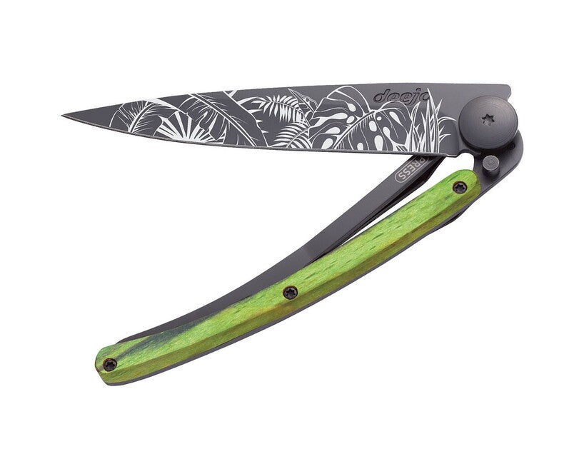 Deejo Tattoo Folding Knife, Black, Green Beech, Jungle