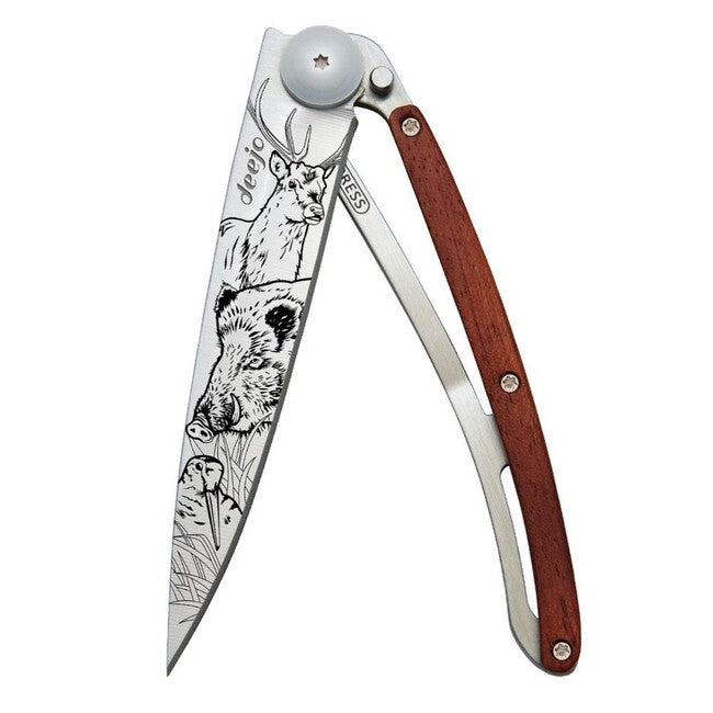Deejo Tattoo Hunting Folding Knife, Coralwood