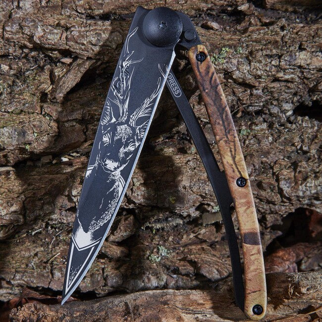 Deejo Tattoo Folding Knife, Black Brown Camo, Deer