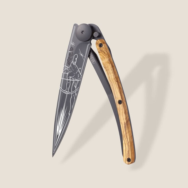 Deejo Tattoo Folding Knife, Black, Olive Wood, Sagittarius