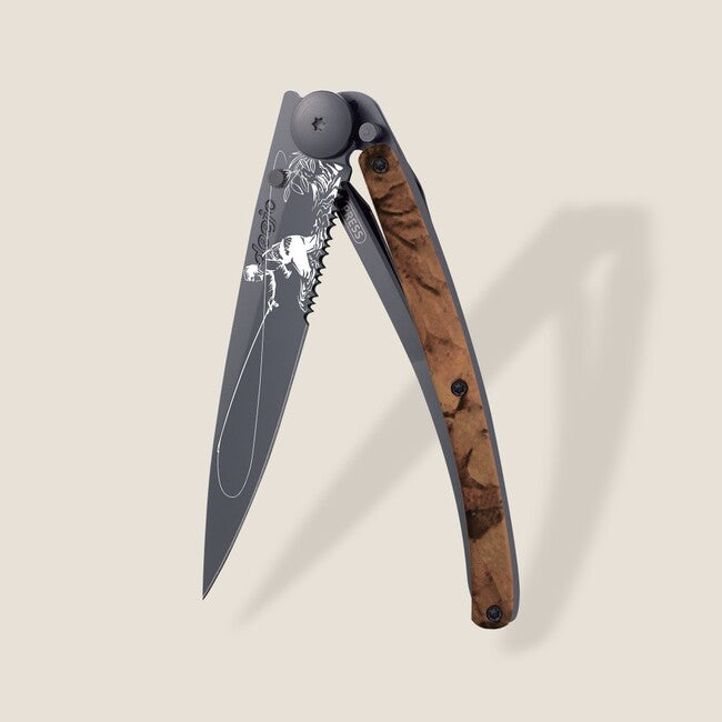 Deejo Tattoo Serration Folding Knife, Brown Camo Fly Fishing