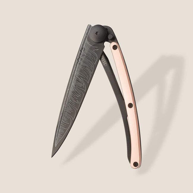 Deejo Folding Knife GOLD Tattoo 18kt Pink Gold Feather