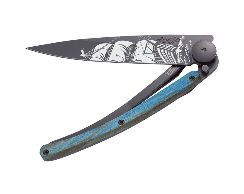 Deejo Tattoo Corsair Folding Knife, Black Blue Beech