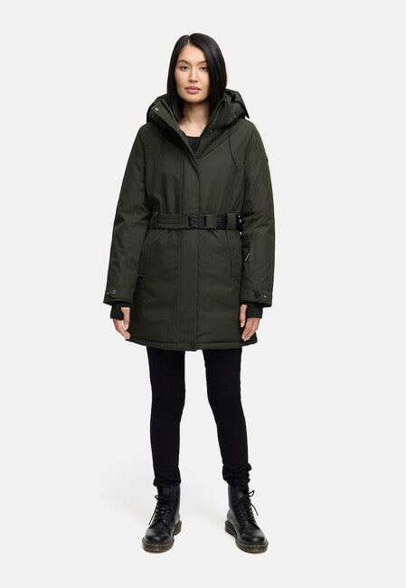 Navahoo Women's Winter Parka FROSTKUSS 14 with Removable Hood and Belt, Dark Olive