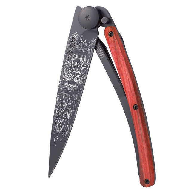 Deejo Black Tattoo Red Beech Folding Knife Lion
