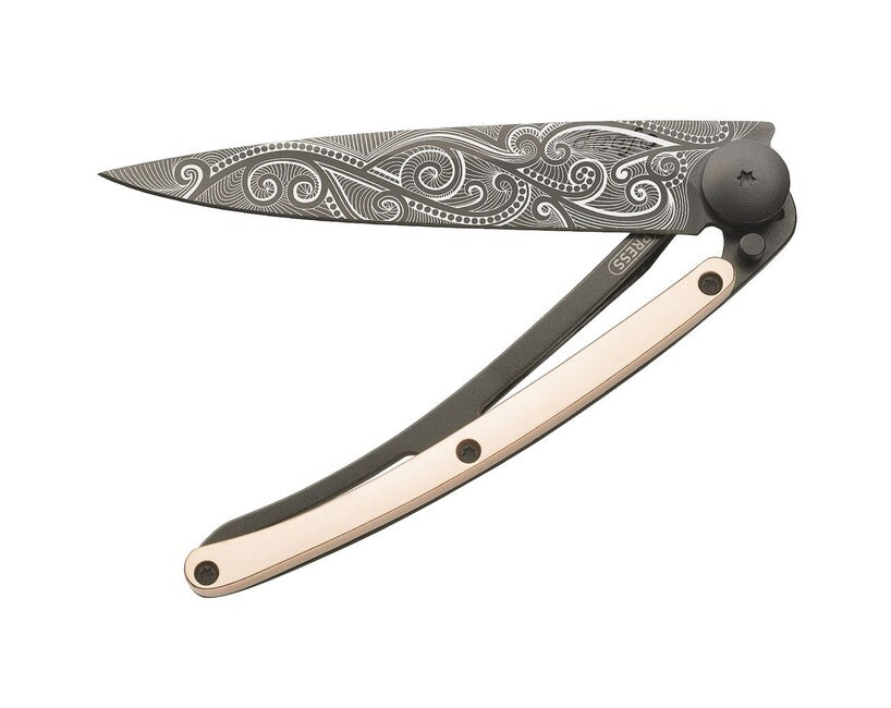 Deejo Tattoo Folding Knife, 18kt Pink Gold Pacific