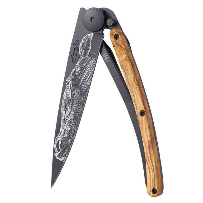 Deejo Black Tattoo Folding Knife, Olive Wood