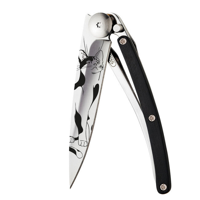 Deejo Tattoo Folding Knife, Ebony Wood, Cat