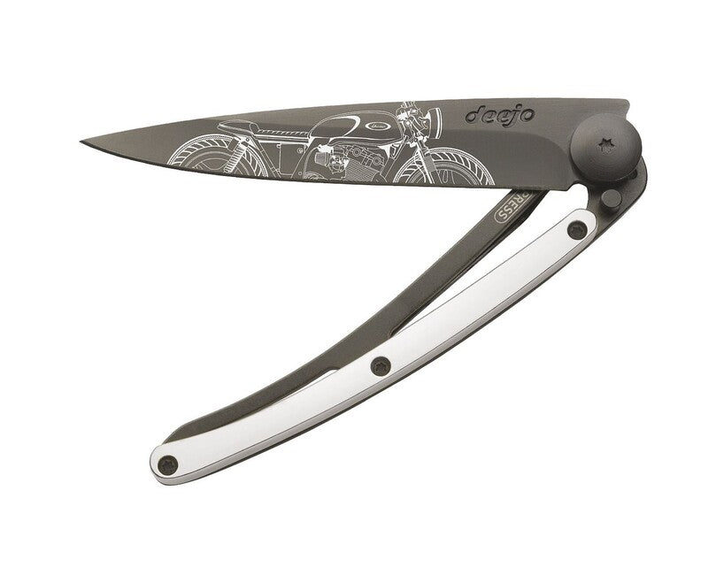 Deejo Folding Knife GOLD Tattoo 9kt White Gold Cafe Racer