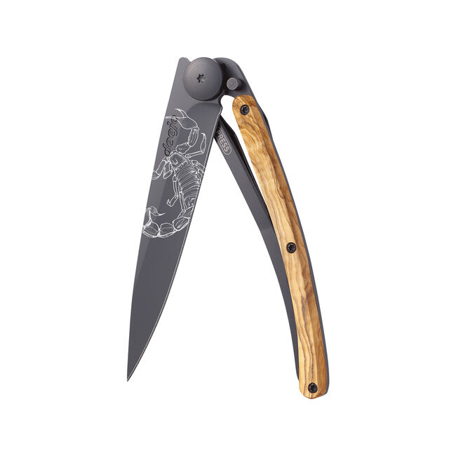 Deejo Tattoo Folding Knife, Black Olive Wood, Scorpio