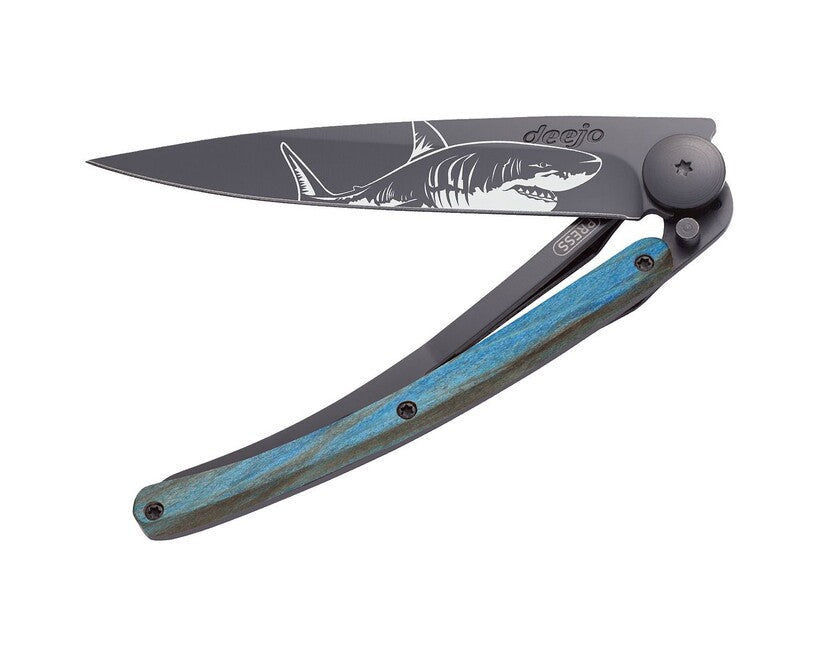 Deejo Tattoo Folding Knife, Black Blue Beech Shark
