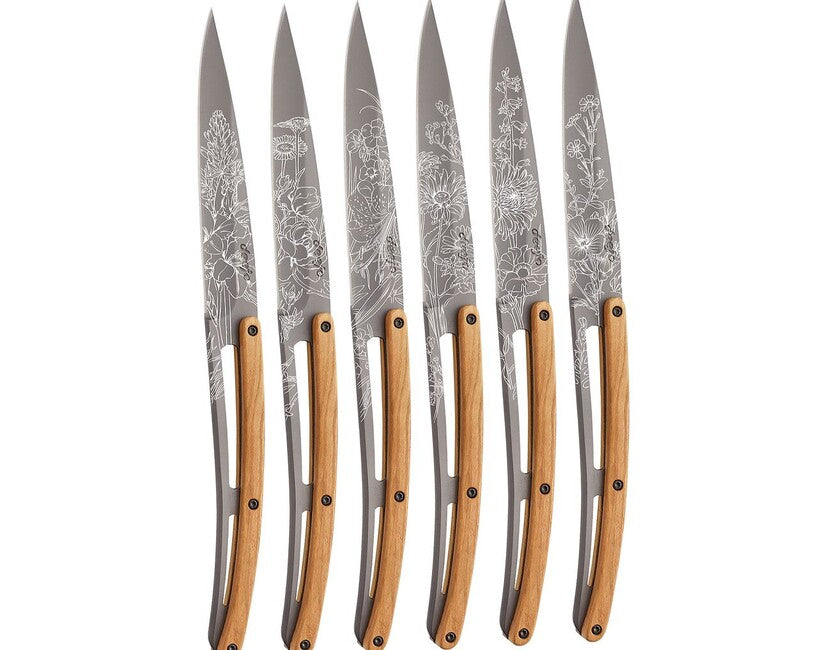 Deejo Tattoo 6-Piece Steak Knife Set, Grey Titanium, Olive Wood, Blossom