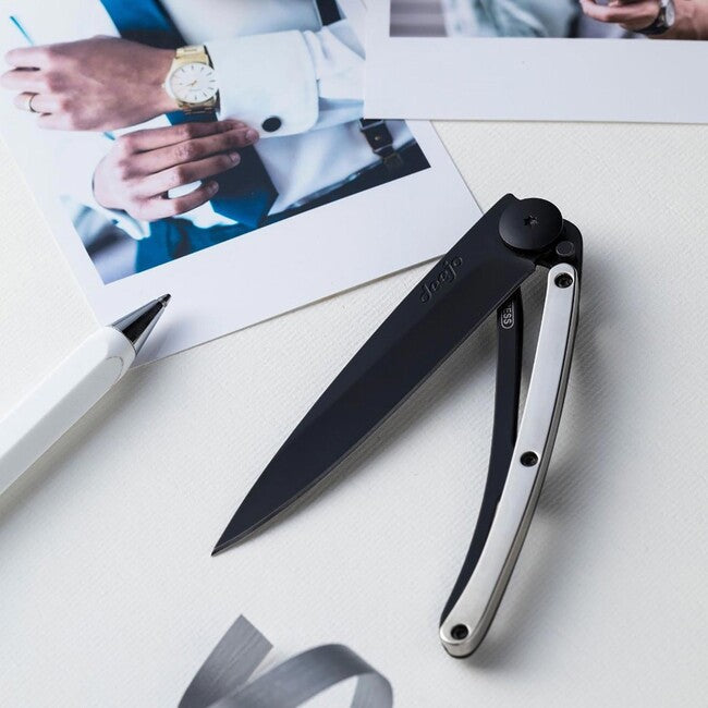 Deejo GOLD Folding Knife, Black, 9kt White Gold