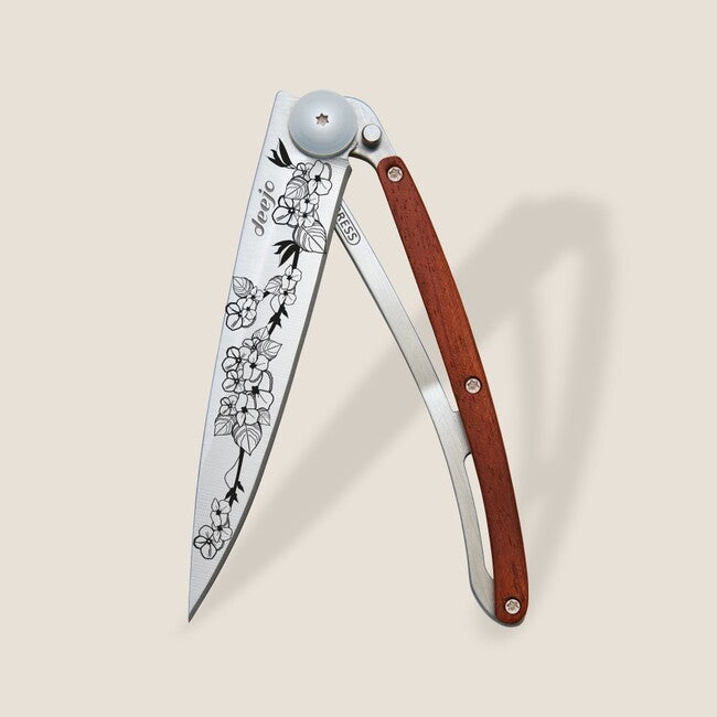 Deejo Tattoo Cherry Blossom Folding Knife, Coralwood