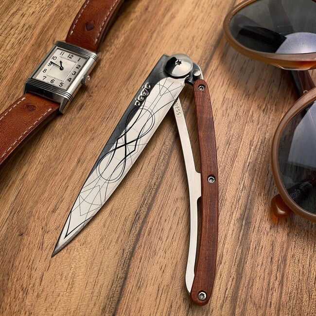 Deejo Tattoo Mirror Folding Knife, Coralwood Infinity