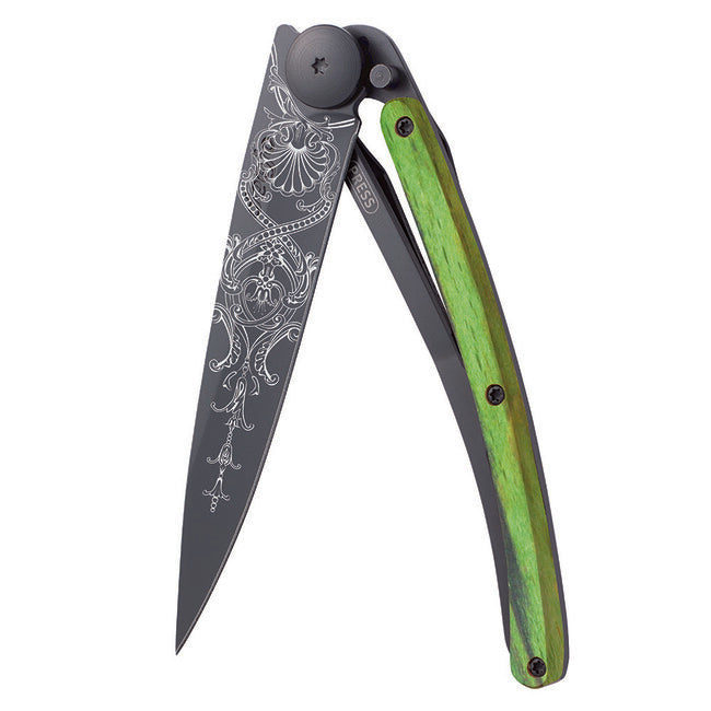 Deejo Black Tattoo Folding Knife, Green Beech Versailles