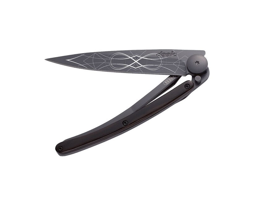 Deejo Tattoo Folding Knife, Black Ebonywood Infinity