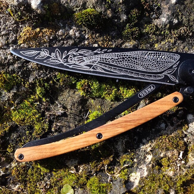 Deejo Tattoo Folding Knife, Black Olive Wood Dragonfly