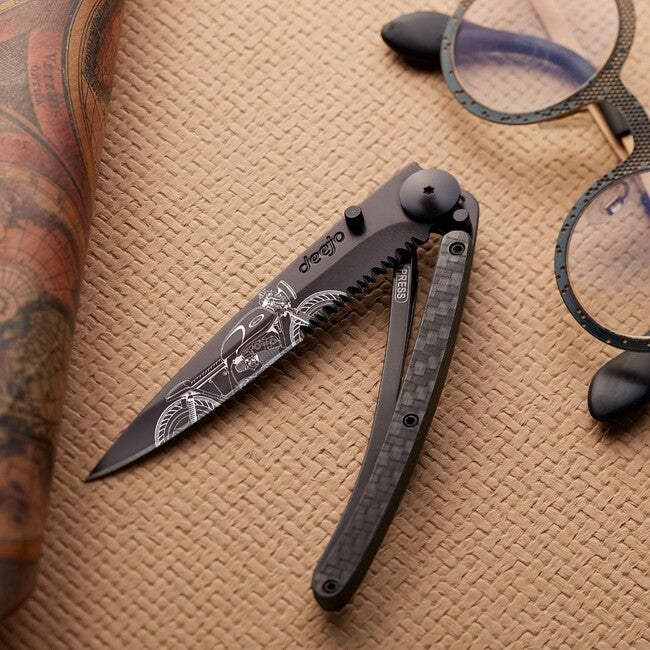 Deejo Serration Folding Knife, Black Café Racer