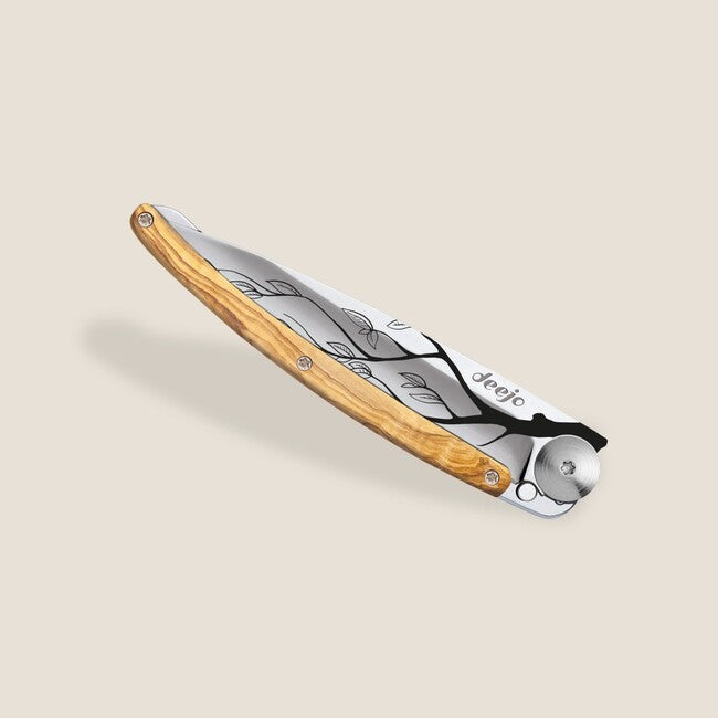 Deejo Tattoo Mirror Folding Knife, Olive Wood Tree