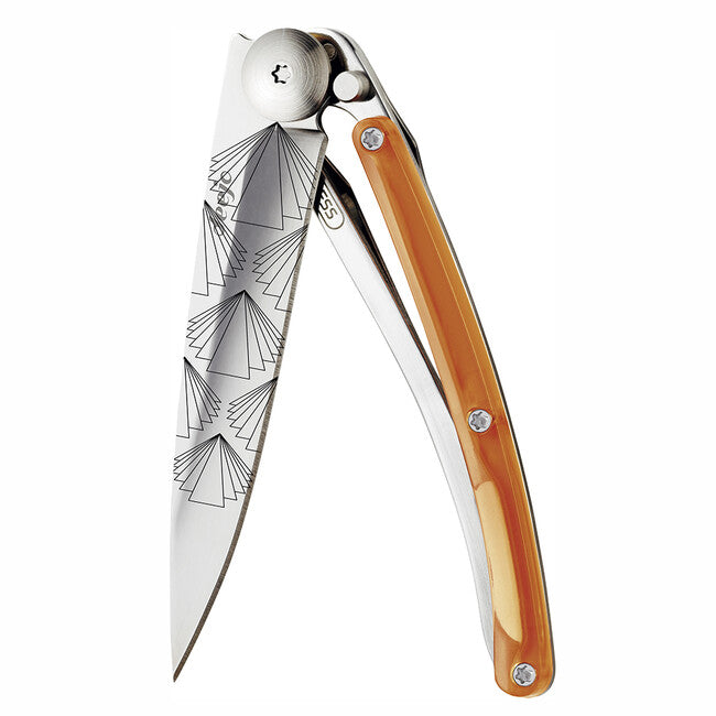 Deejo Tattoo Folding Knife, Orange Symmetry