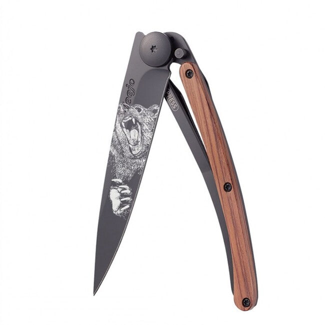 Deejo Tattoo Grizzly Folding Knife, Black Coralwood