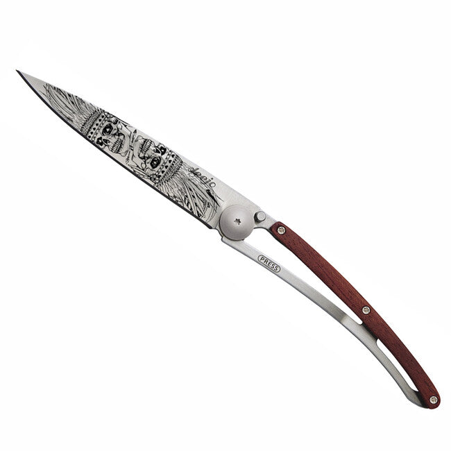 Deejo Tattoo Indian Skull Folding Knife, Coral Wood