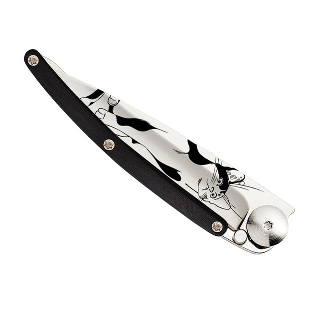Deejo Tattoo Folding Knife, Ebony Wood, Cat