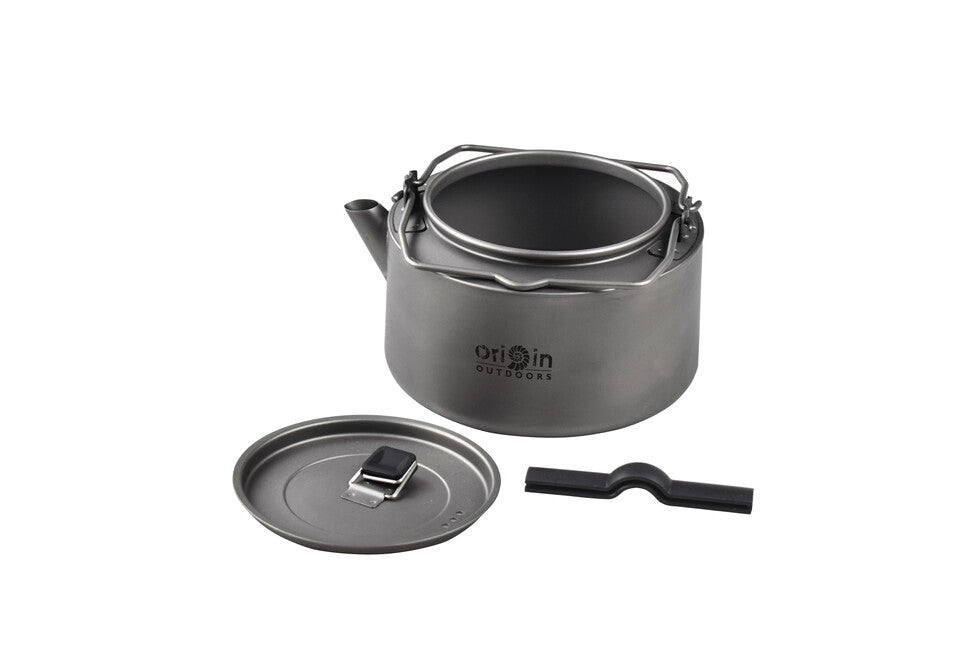 Origin Outdoors Camping Kettle, Titanium Tea/Coffee Kettle with Silicone Handles and Strainer, 1.2L