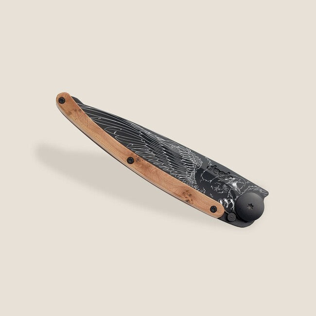 Deejo Tattoo Biker Eagle Folding Knife, Black Juniper Wood