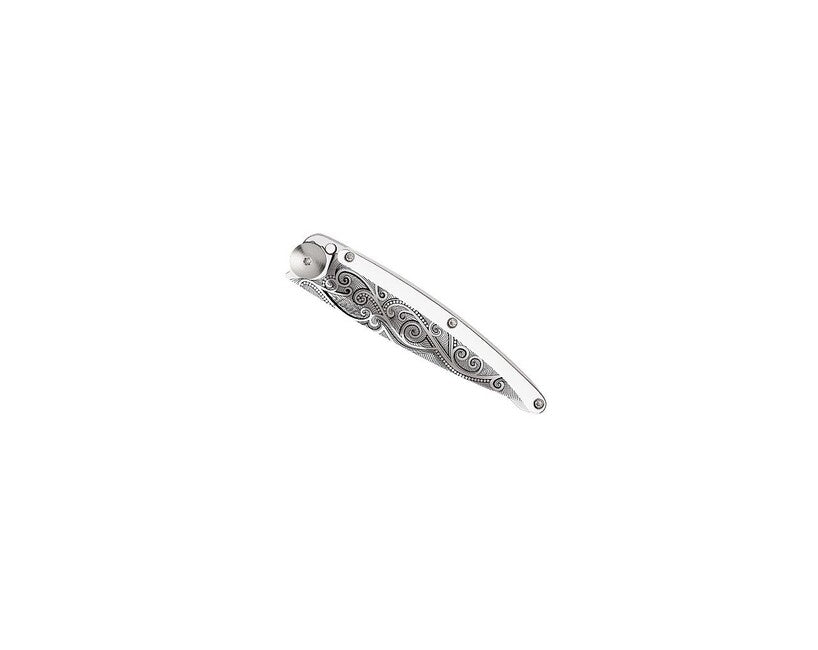 Deejo Tattoo Folding Knife, White Gold Pacific