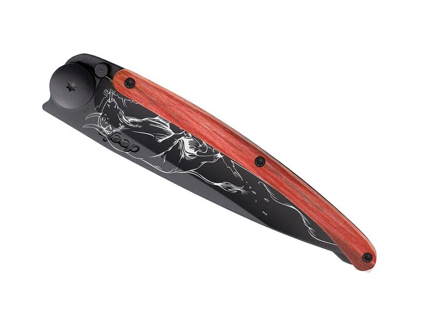 Deejo Tattoo Bull Folding Knife, Black/Red Beech