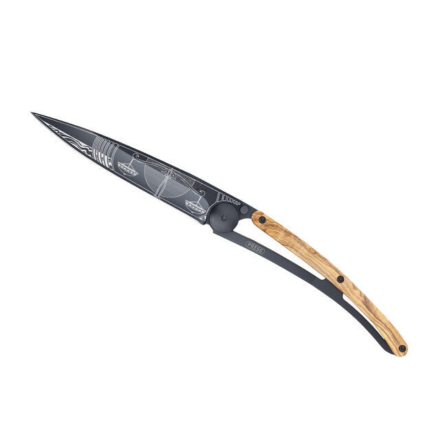 Deejo Tattoo Folding Knife, Black Olive Wood, Libra