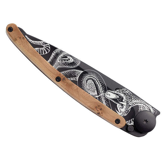 Deejo Tattoo Snake Folding Knife, Black Juniper