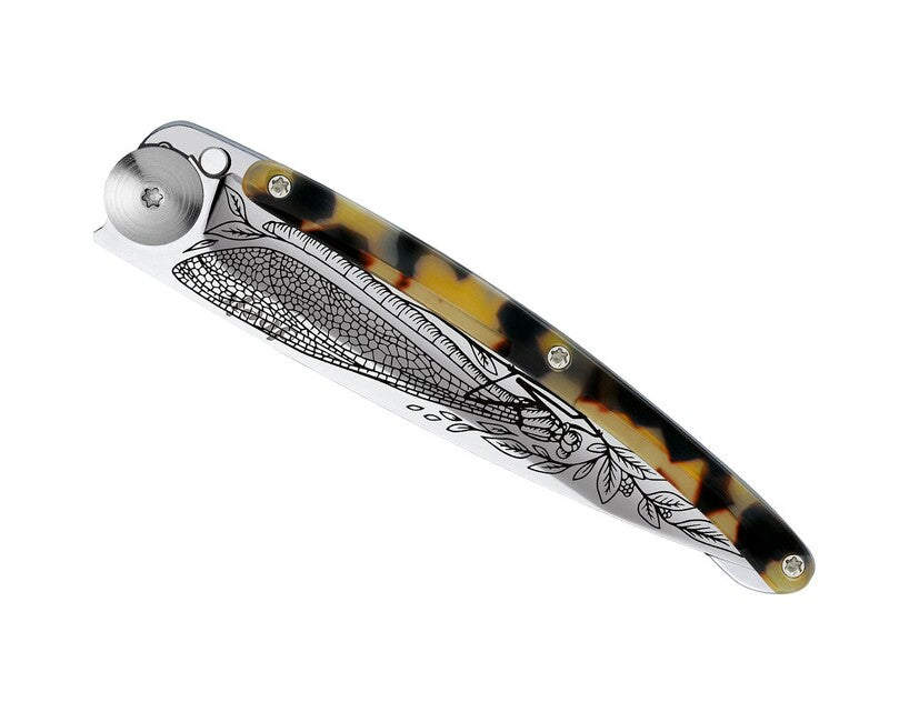 Deejo Tattoo Turtle Mirror Folding Knife Dragonfly