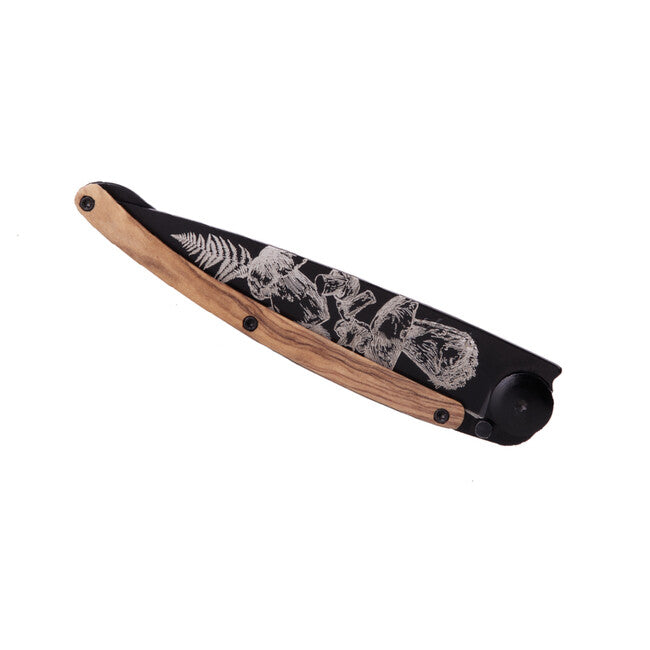 Deejo Tattoo Folding Knife, Black, Olive Wood, Mushroom