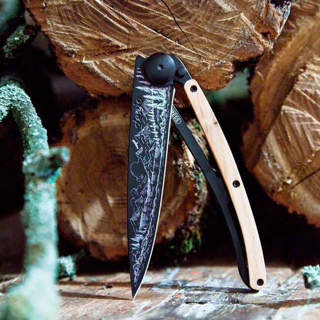 Deejo Tattoo Folding Knife, Black Juniper Wood, Mountain
