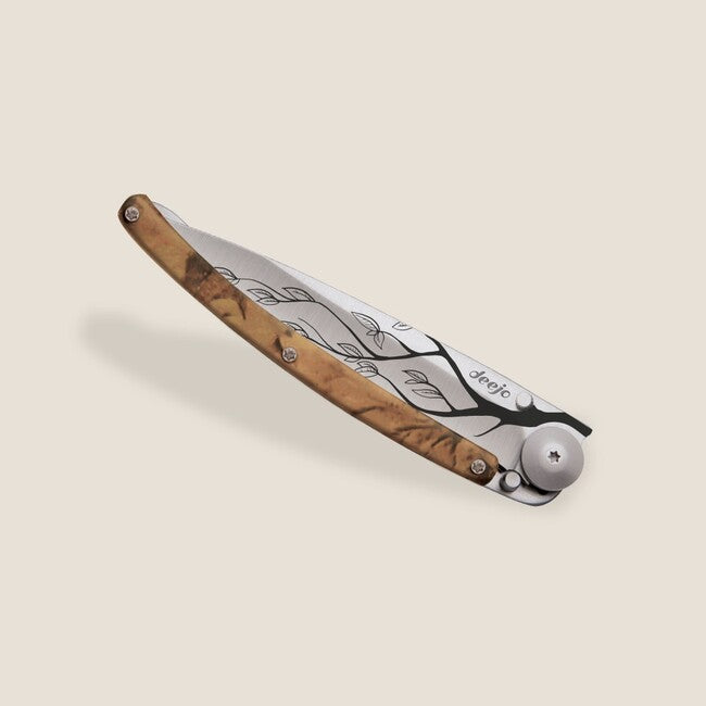 Deejo Tattoo Serration Folding Knife, Brown Camo Tree