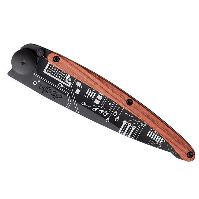 Deejo Tattoo Black Folding Knife Coralwood Circuit Board