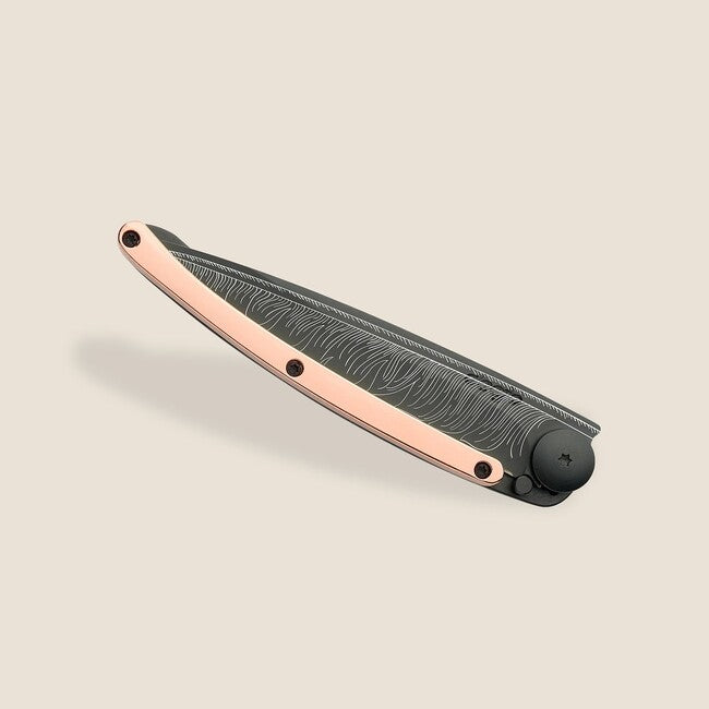 Deejo Folding Knife GOLD Tattoo 18kt Pink Gold Feather