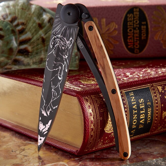 Deejo Tattoo Folding Knife, Black, Olive Wood, Aries
