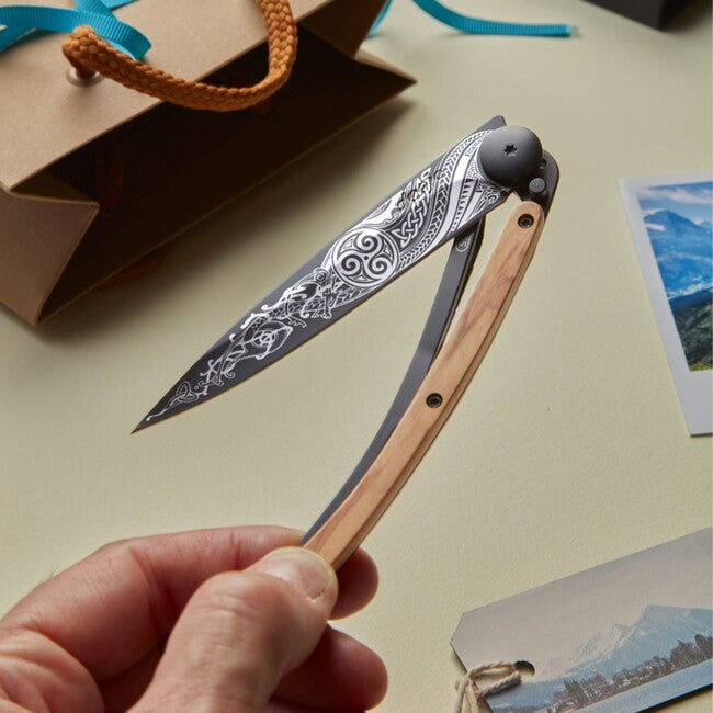 Deejo Tattoo Folding Knife, Black Juniper Wood, Celtic