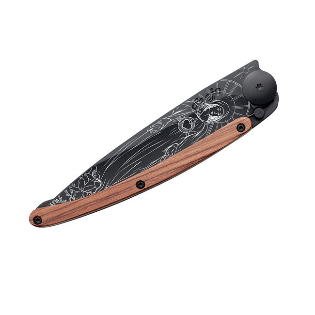 Deejo Black Tattoo Folding Knife, Coralwood Madonna