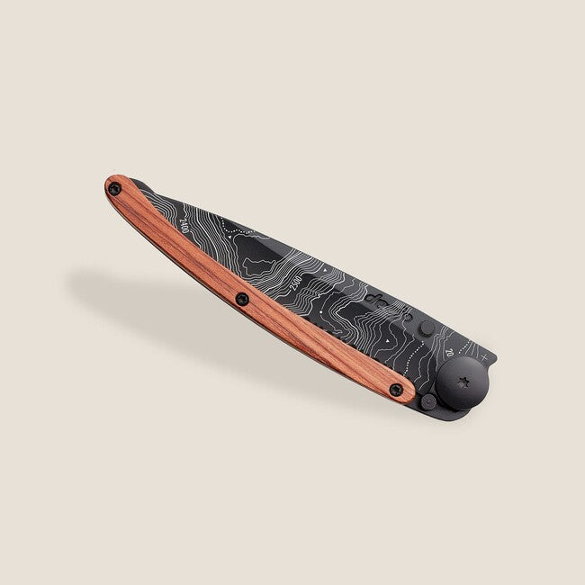 Deejo Serration Folding Knife, Black Coralwood Topography