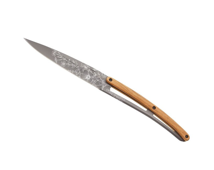 Deejo Tattoo 6-Piece Steak Knife Set, Grey Titanium, Olive Wood, Blossom
