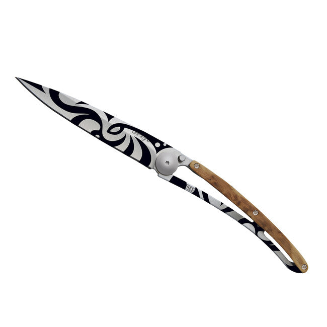 Deejo Tattoo Tribal Folding Knife, Juniper Wood